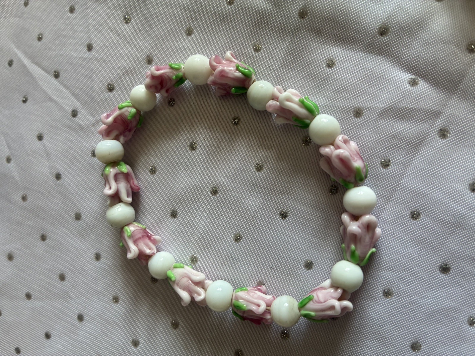 3 x Glass & Plastic Beaded Bracelets – Handmade – Pale Pink, Grey & White