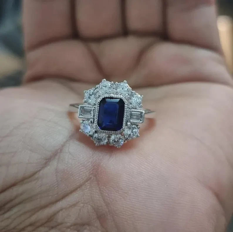 Vintage Blue Sapphire Halo Ring 925 Sterling Silver Art Deco Engagement