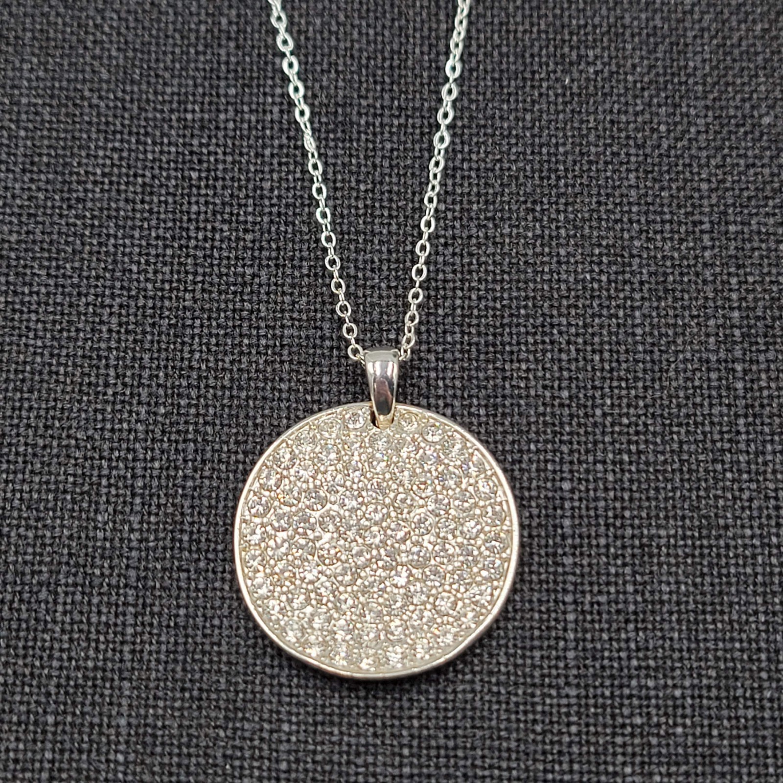 Pave Crystal Round Pendant Necklace Silver tone 18″ adj