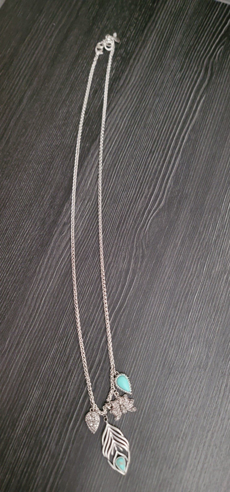 Silver Tone Leaf Charm Pendant Necklace Turquoise Teardrop Cable Chain Lobster