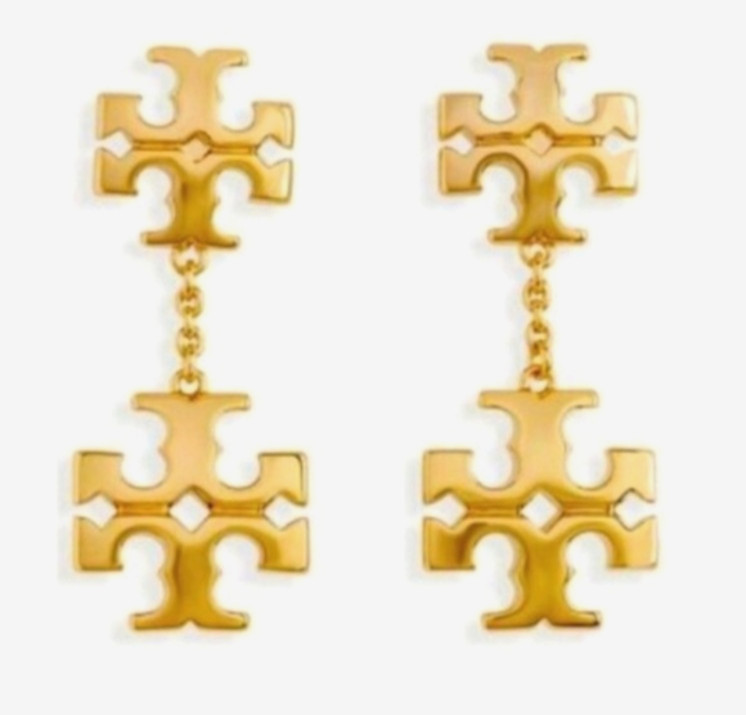 TORY BURCH KIRA LINEAR DOUBLE LOGO DROP Earrings Gold Tone ~ NEW