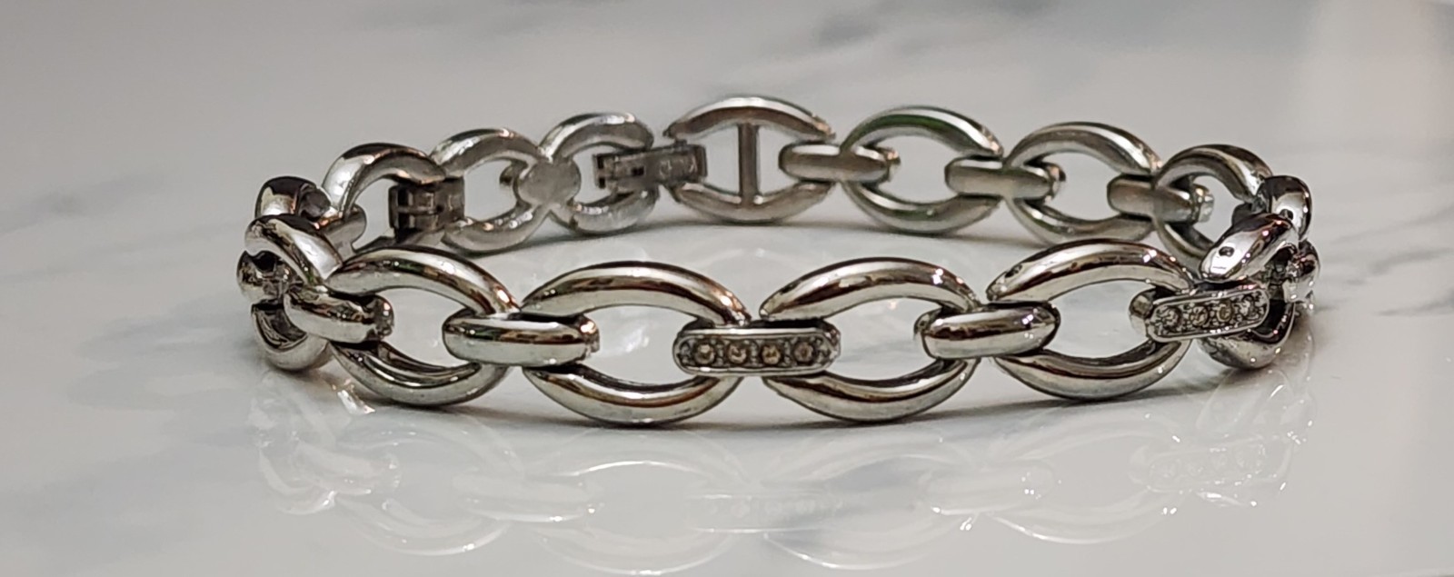 Womens Silver Tone Mixed Link Bracelet With Crystal Accents Adjustable Size EUC