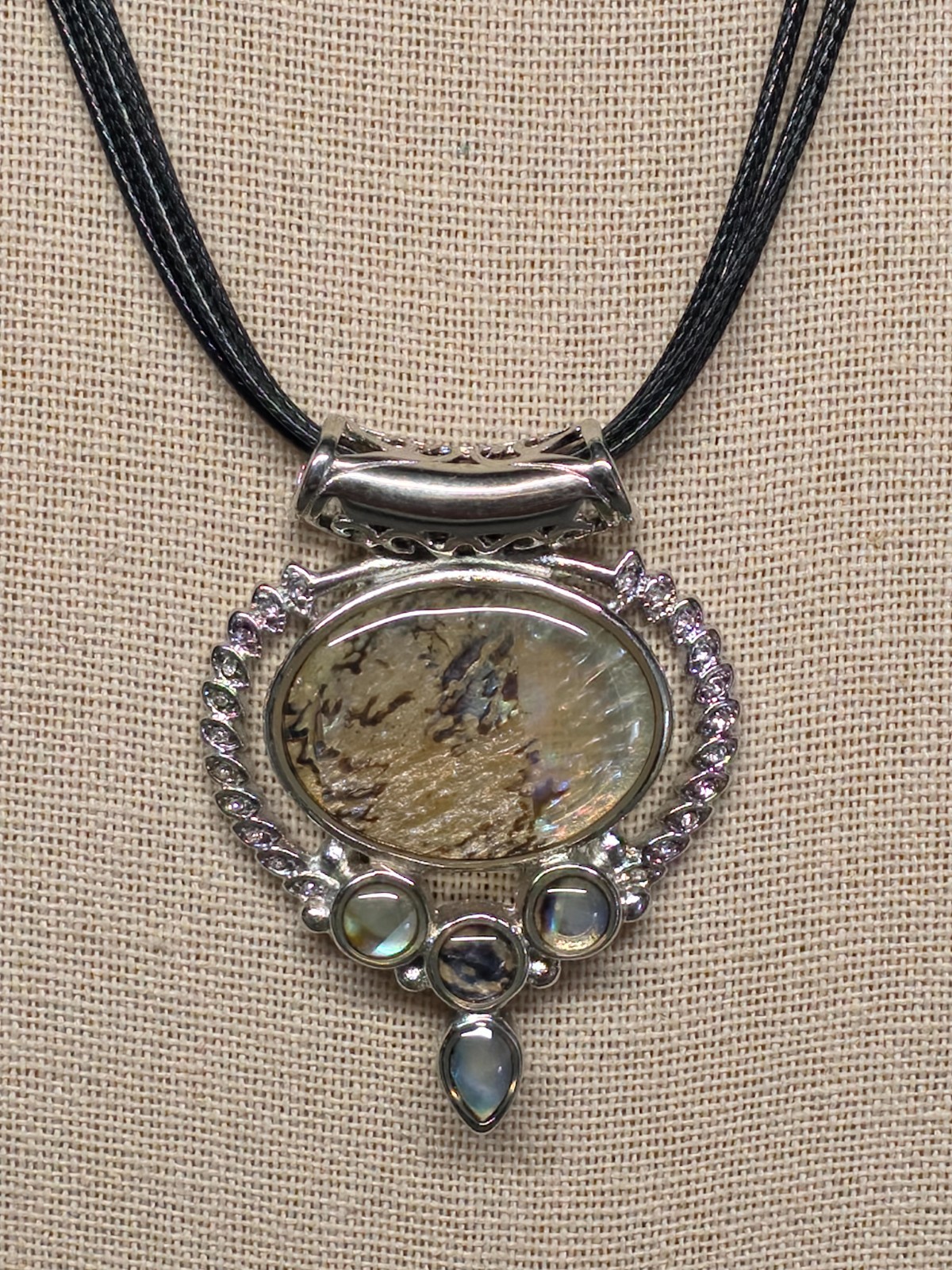 Artisan Abalone Shell Necklace Earring Set Multi Cord Silver Tone Ornate 16-18″