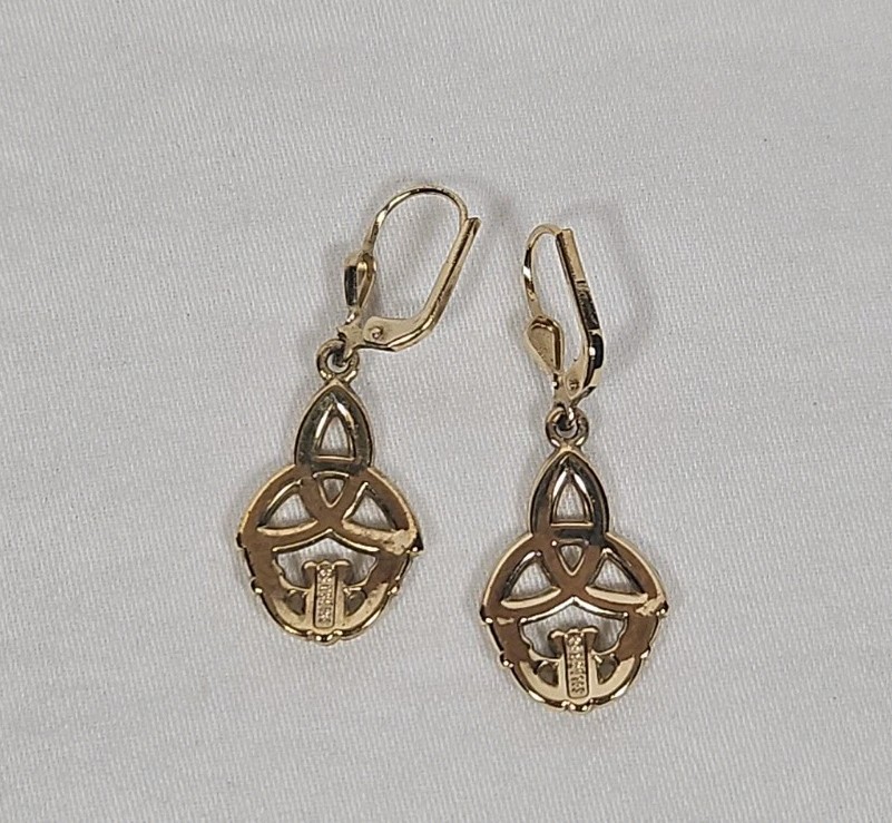 Triquetra Claddagh Earrings Celtic Dangle Drops Pierced Gold tone Signed Soldor