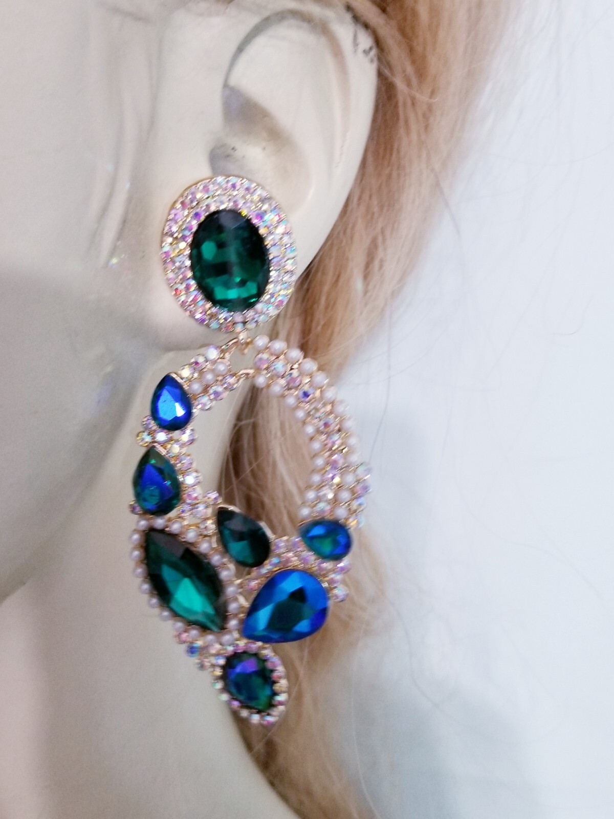 Chandelier Rhinestone Crystal Pageant Bridal Earrings Blue Drop Dangle 3.2 Inch
