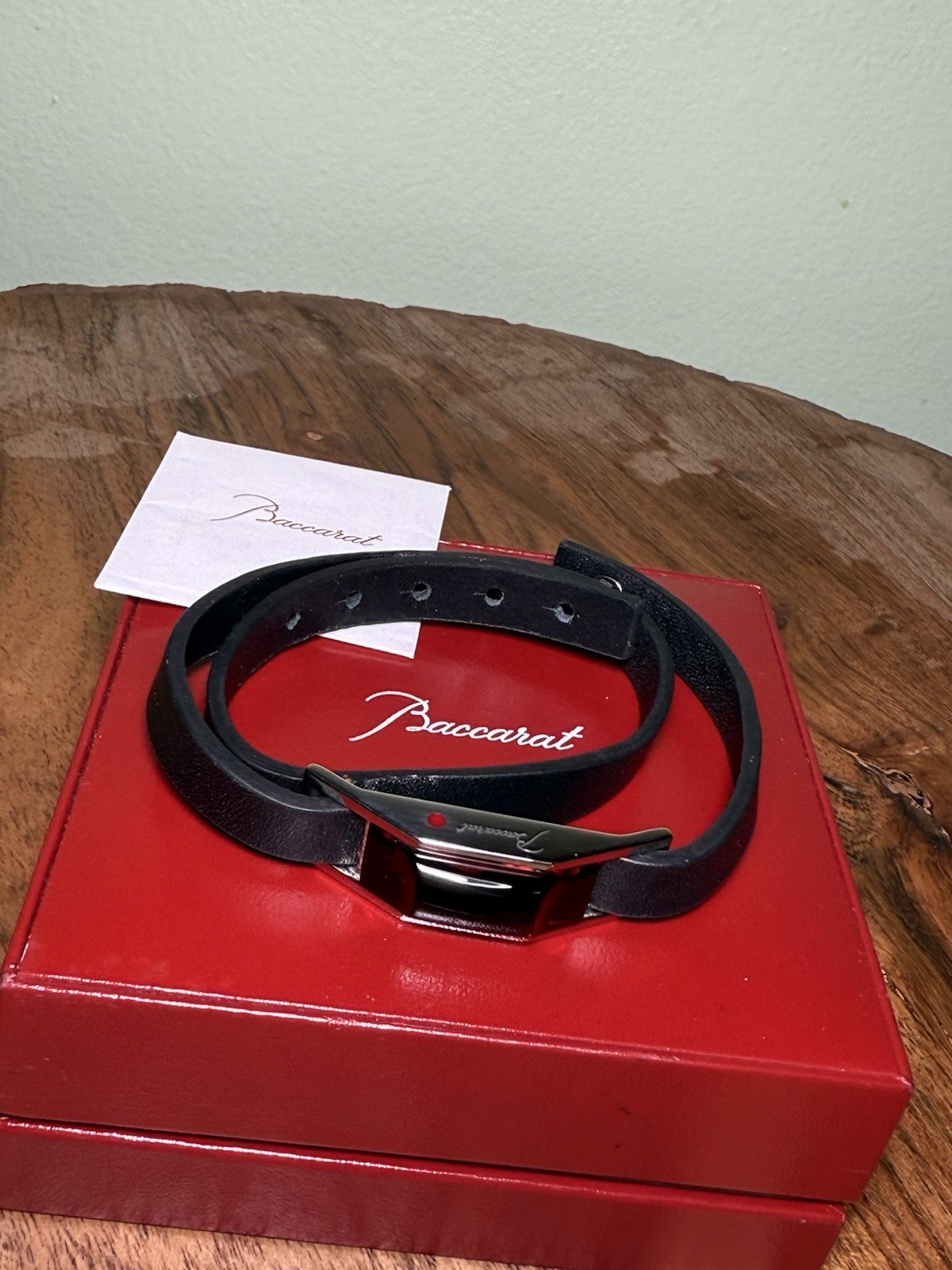 BACCARAT RED CRYSTAL LEATHER CABLE DOUBLE WRAP BRACELET AND S.S .925 / 6.5-7.5”