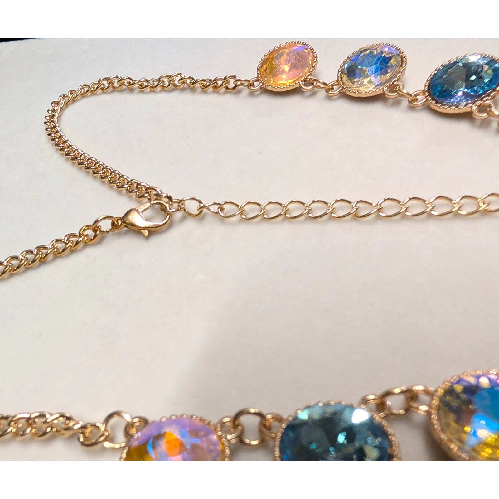 Statement 20″ Necklace GoldTone Iridescent Blue Crystal AB Aurora Borealis