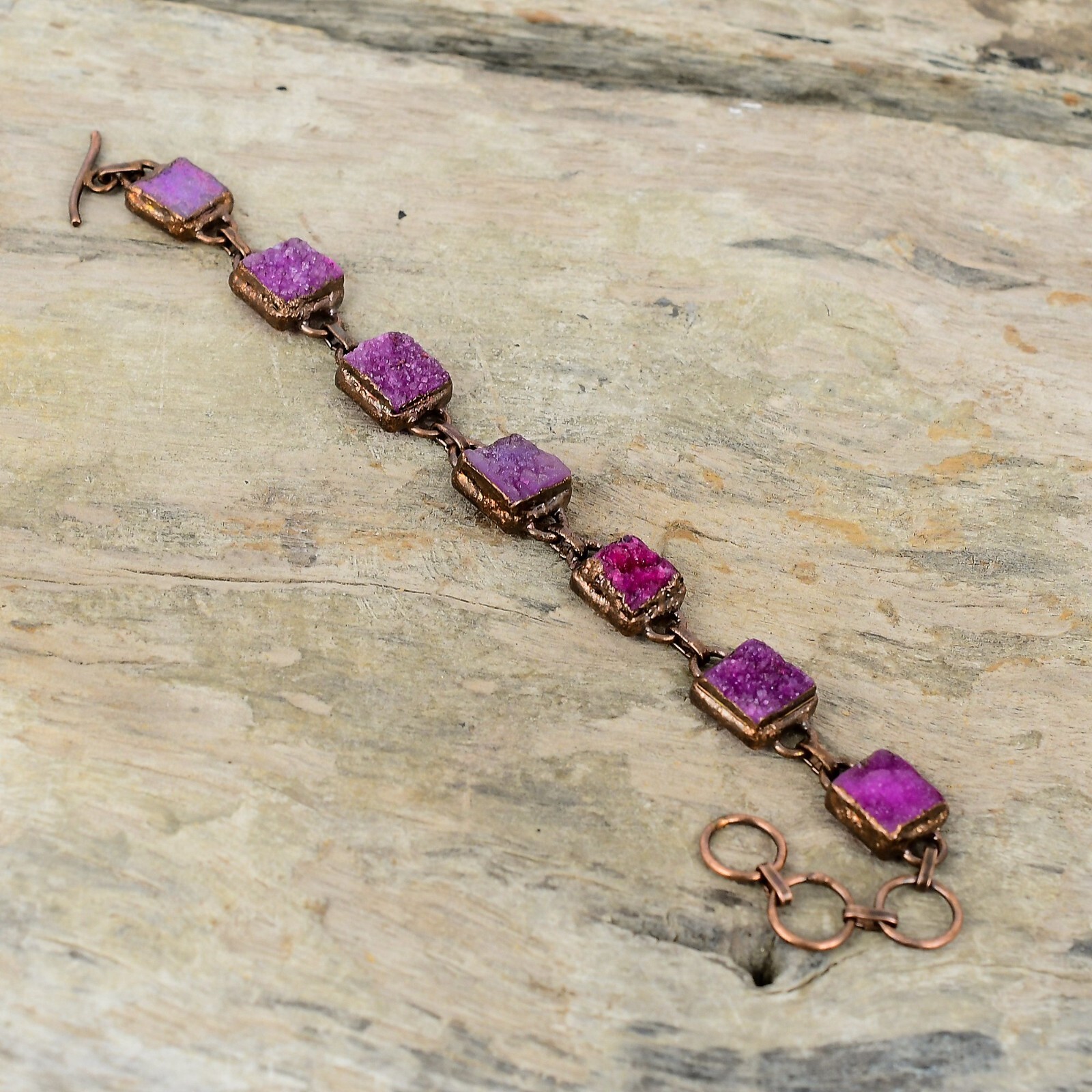 Gift For Her Pink Druzy Electroformed Chain Adjustable Bracelet Copper 6.0″