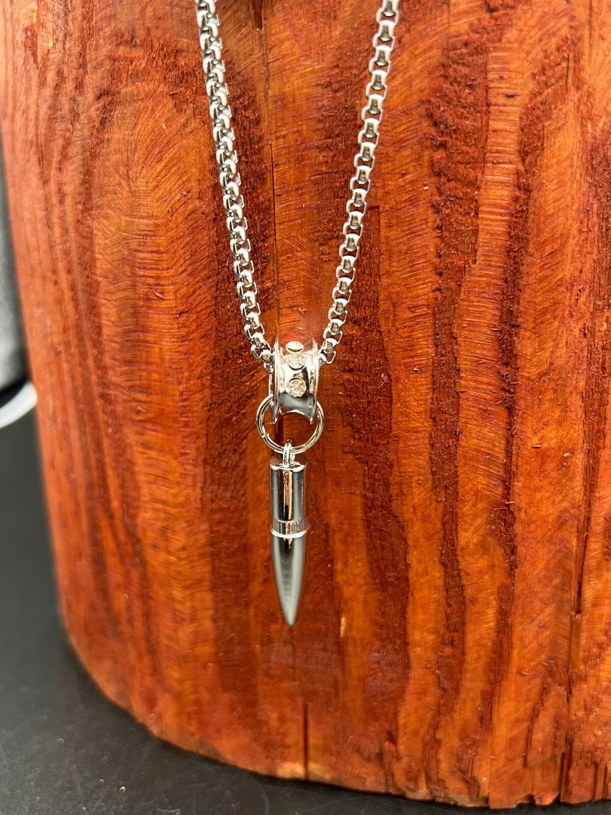 Stainless Steel Bullet Pendant Necklace 28” With Artificial Gemstone Inlay