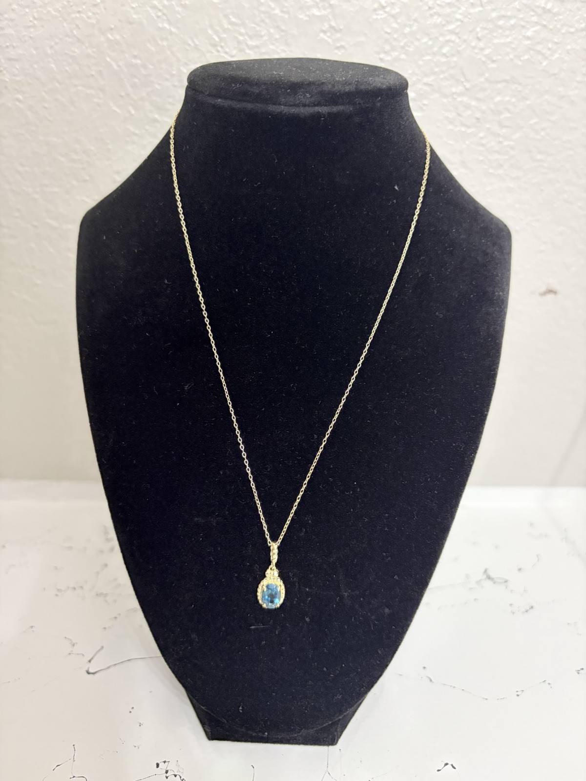 925 Gold Tone Cable Chain Necklace London Blue Topaz 18”