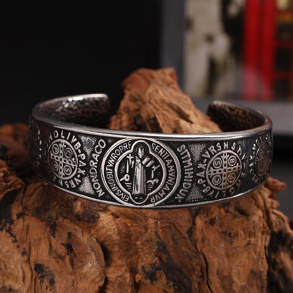 St Benedict Exorcism Medal Cuff Bracelet, Stainless Steel Christian Catholic …