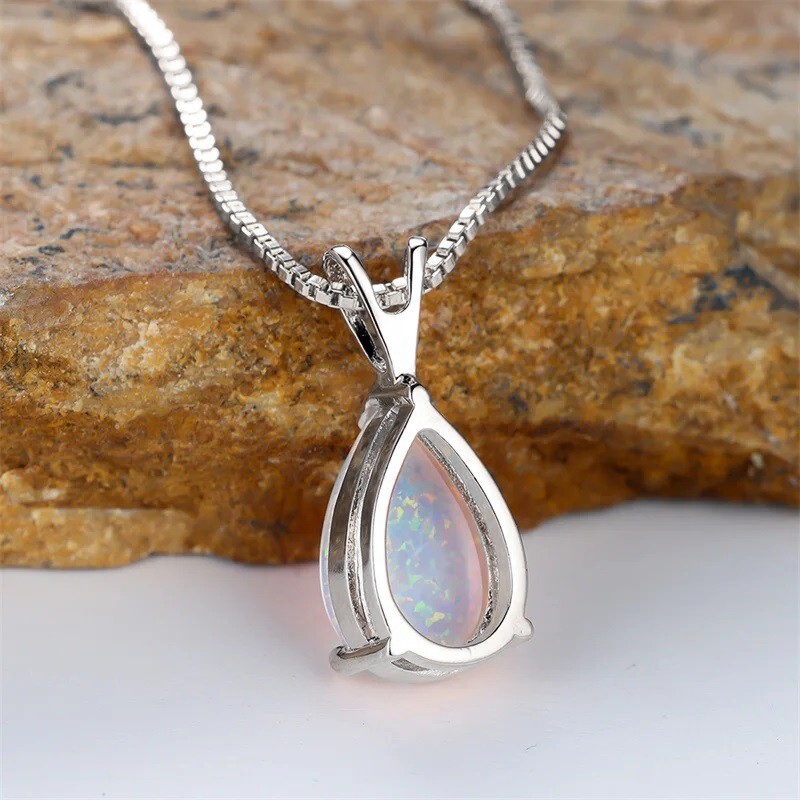 White Opal Stone Pendant Minimalist Droplet Fire Opal Necklace Sterling Silver