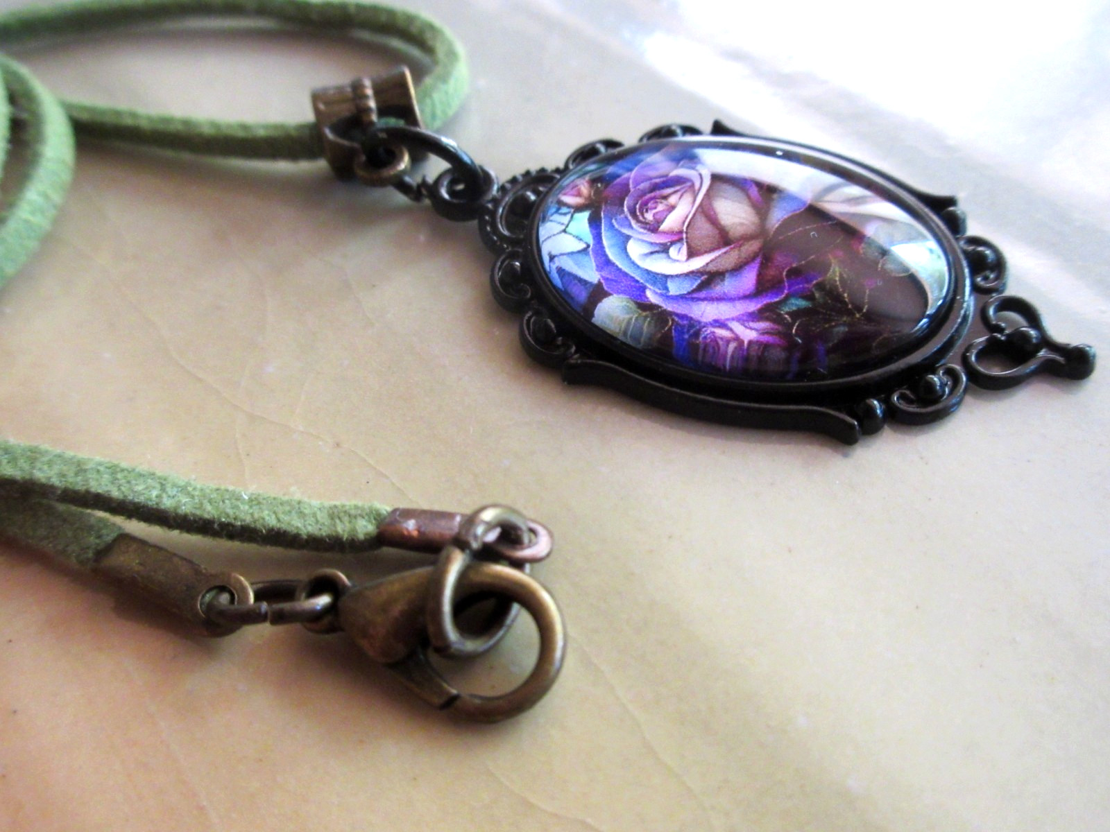 Gothic Rose on Faux Suede Necklace 19 inches
