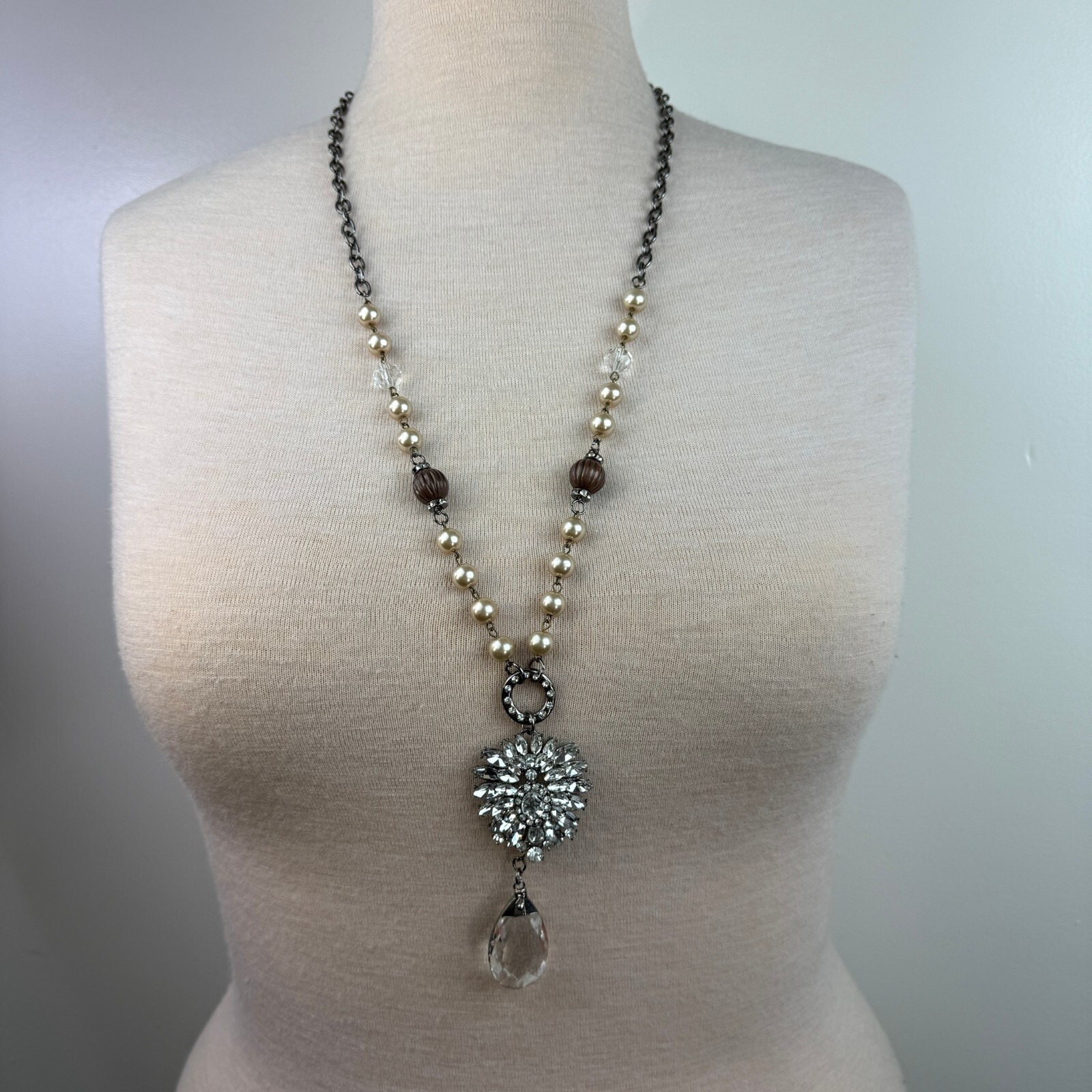 L&F N.S.E.W. Clear Rhinestone Dangle & Faux Pearl Beaded Chain Necklace 34″