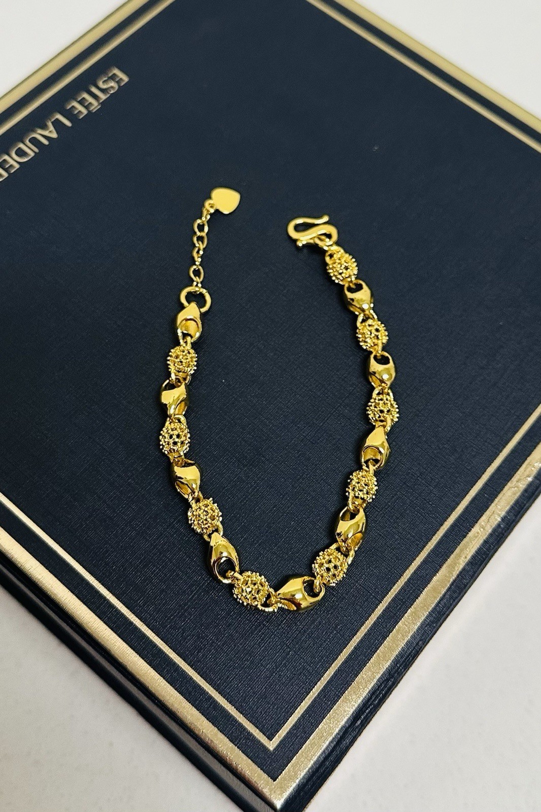 Gold Tone Openwork Sand Gold Effect Bracelet Adjustable 7-9 in Heart Charm