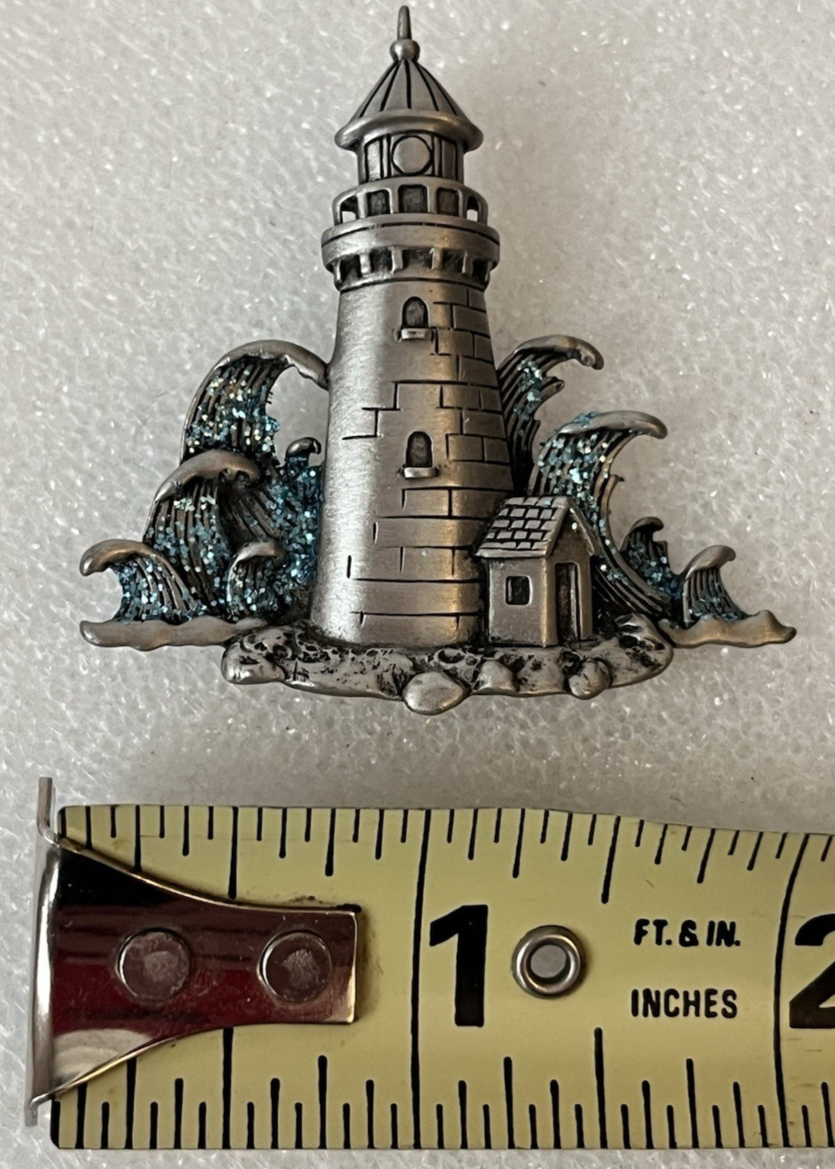 Vintage Pewter Lighthouse Nautical JJ Jonette Pin Scarf Jacket Blouse 2in x 2in