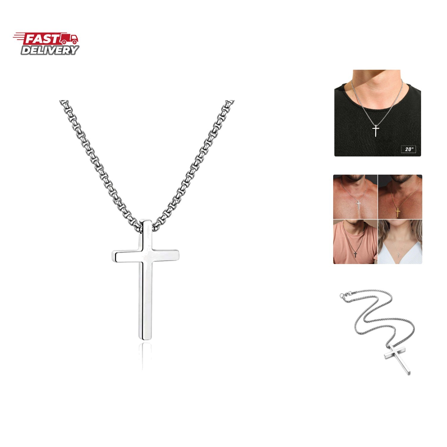 Cross Necklace for Men Teen Boys, Silver Black Gold Stainless Steel Plain Cro…