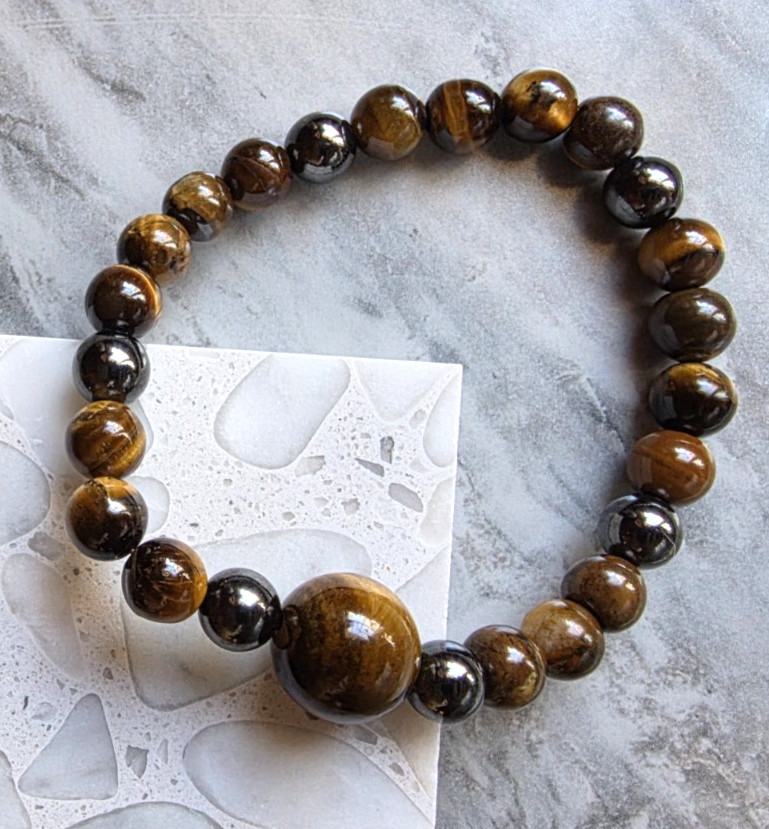 Natural Tiger’s Eye & Hematite Bracelet 8-14mm Round, 6.50-8.00 Inch 99.5ctw