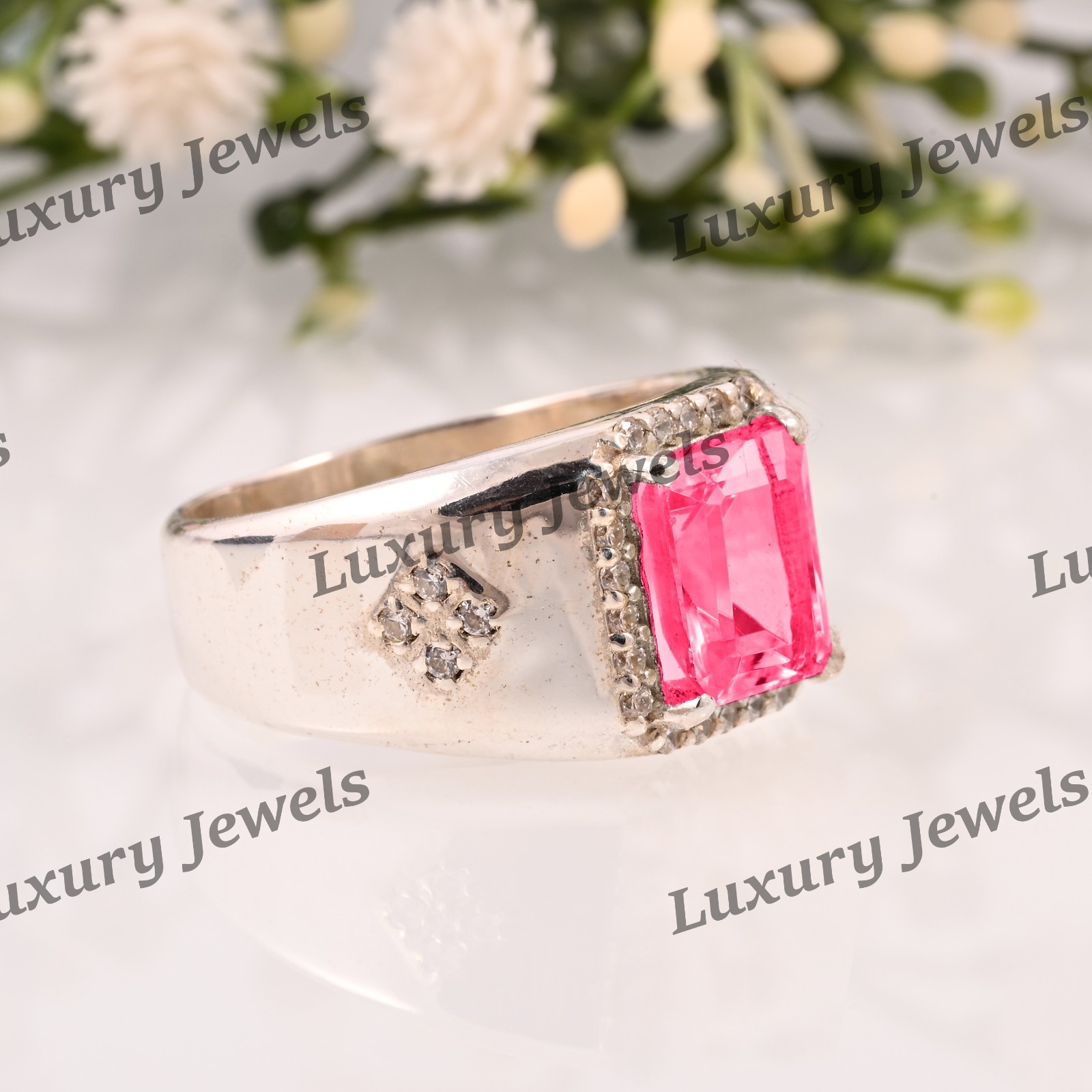 Pink Tourmaline Signet Ring for Men 925 Sterling Silver Handmade