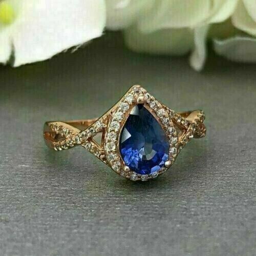 2.00 Ct Pear Cut Simulated Blue Tanzanite Engagement Ring 14K Yellow Gold Plated