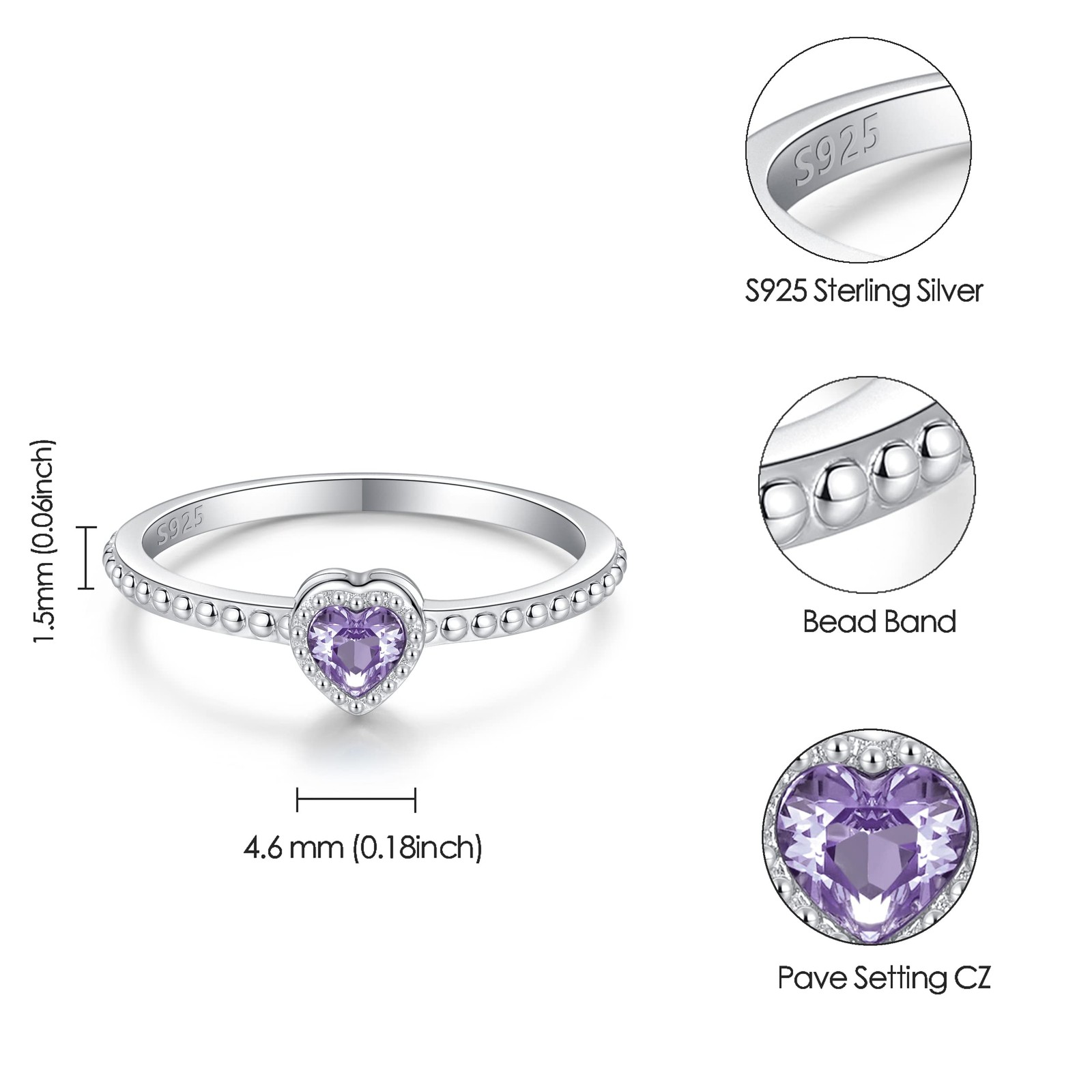 SOLOLIKE Sterling Silver June Stackable Rings for Birthstone for Women: Heart…
