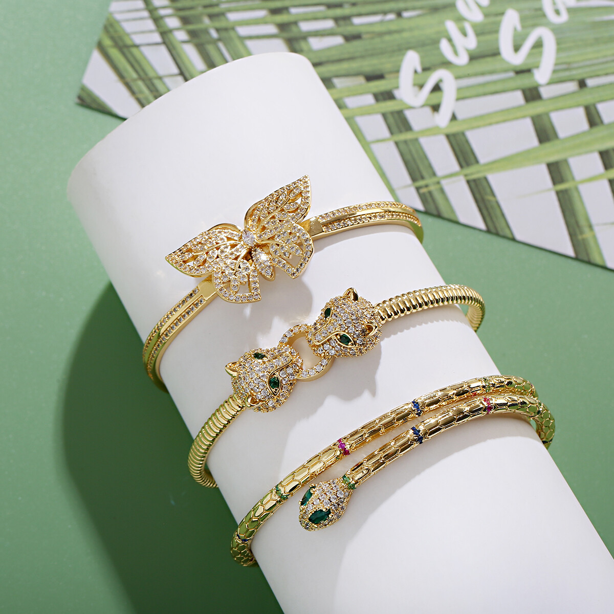 Luxury Adjustable Zircon Leopard Head Butterfly Opening Bracelets Women Jewelry