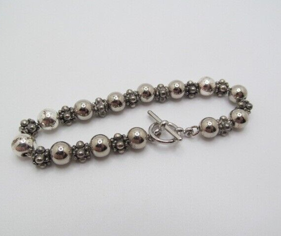 Silver Tone Metal Ball Bead 8mm Round & Mini Beaded Chain Toggle Bracelet 8 Inch