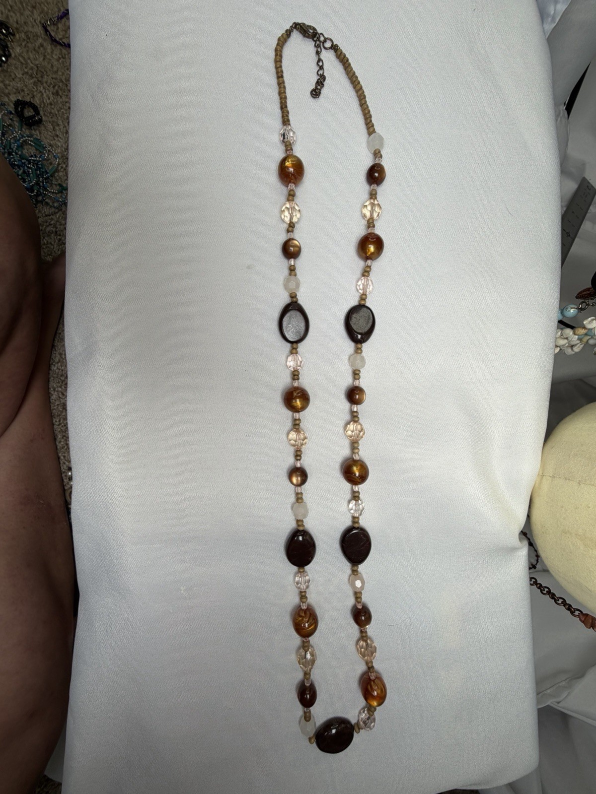 Brown Beige Beaded Necklace Faux Tiger Eye Acrylic Crystal Long Statement 35”