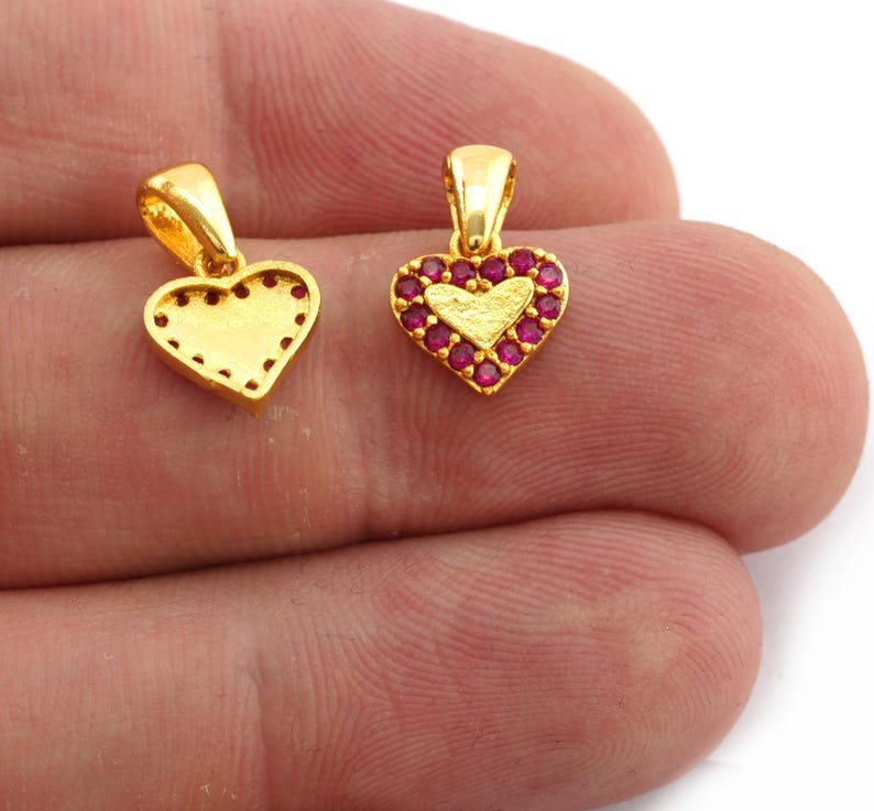 Heart Pendant Gold plated Brass Fuchsia rhinestone crystals 14x10mm HA32 01