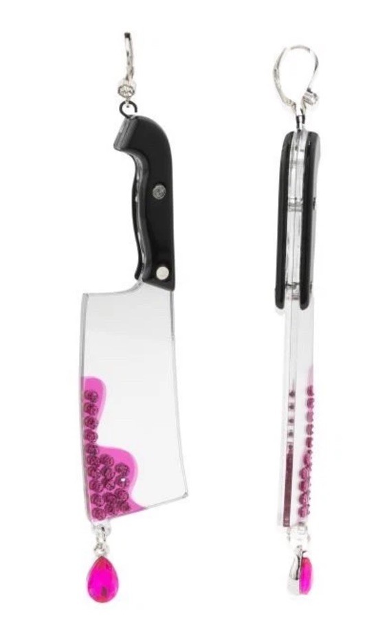 Betsey Johnson Black Handle Cleaver Drop Earrings Crystal Accents For Blood NWT
