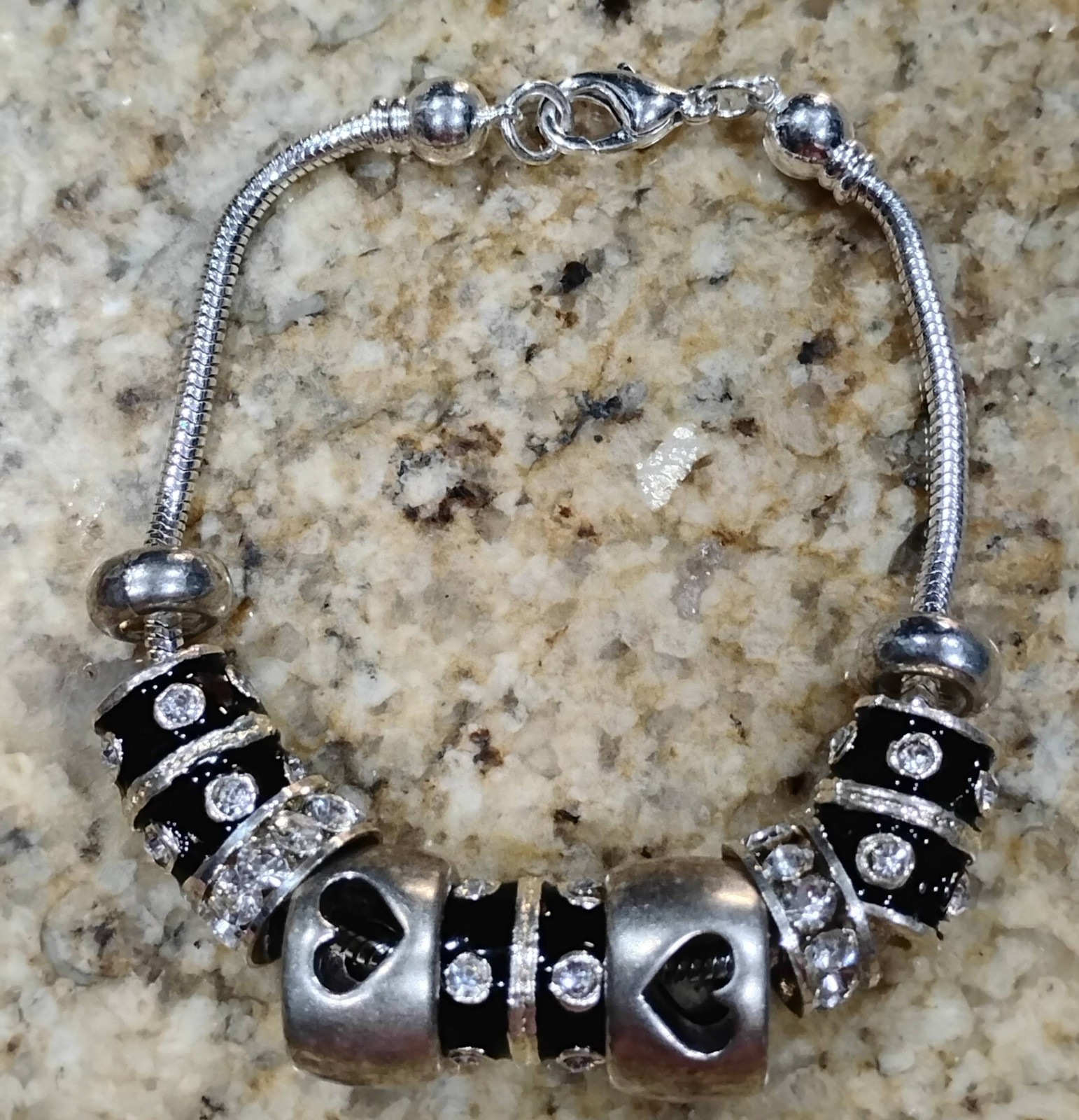 European Charm Bracelet Hearts Black Silver Bling