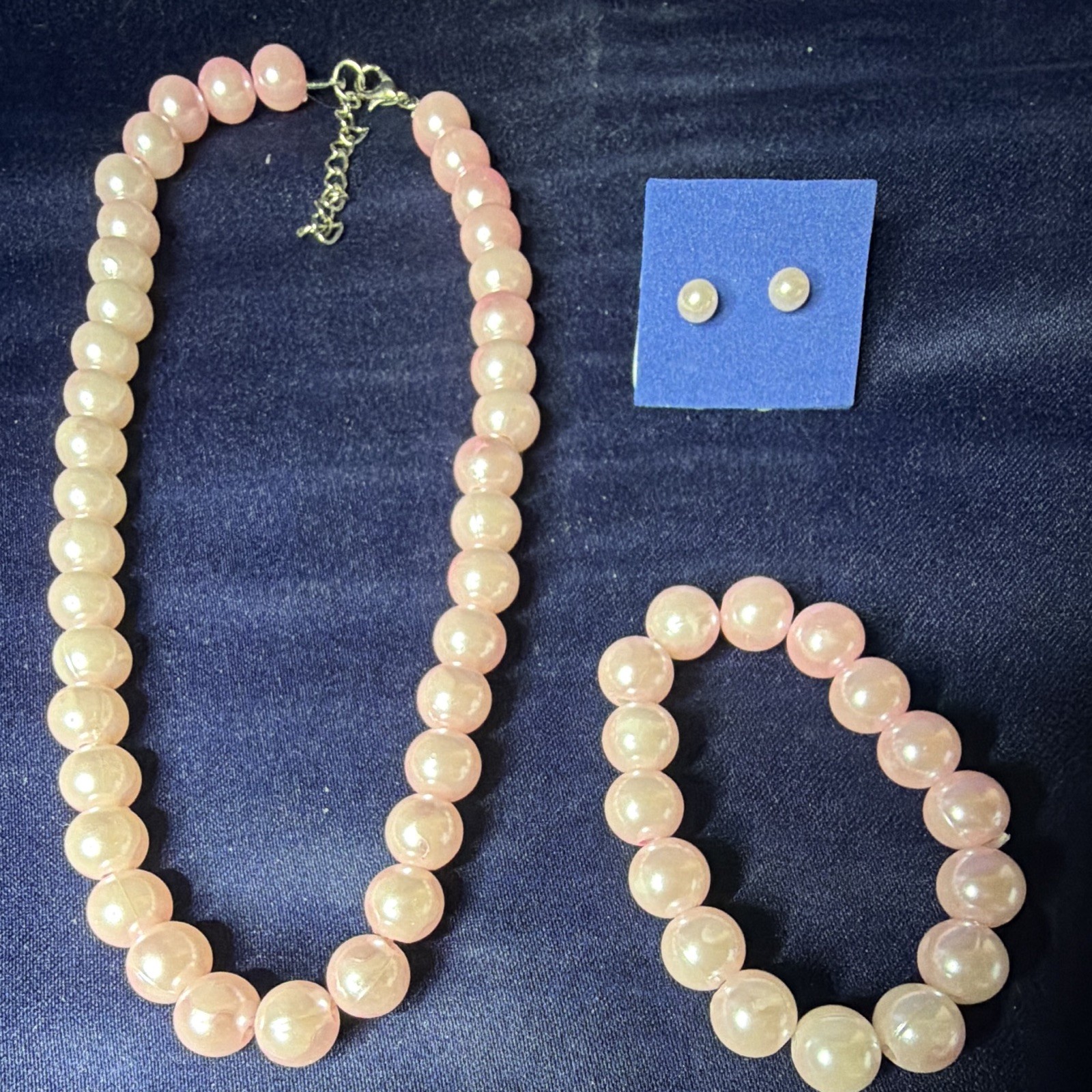 Pink Simulated Imitation Pearl Jewelry Set Necklace Bracelet & Stud Earrings