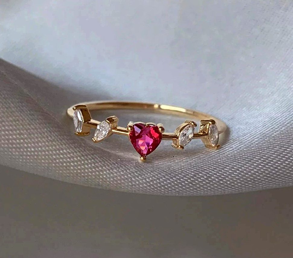 Five Stone 0.35TCW Simulated Ruby & Moissanite Pure 10K Yellow Gold Wedding Ring