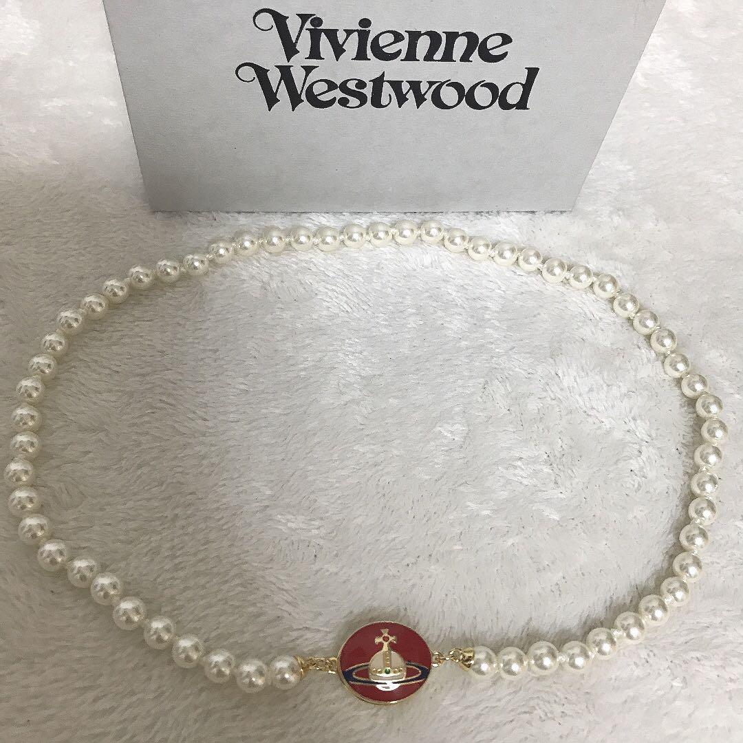 Vivienne Westwood Necklace Enamel Pearl Choker Red x Gold 40cm IN BOX