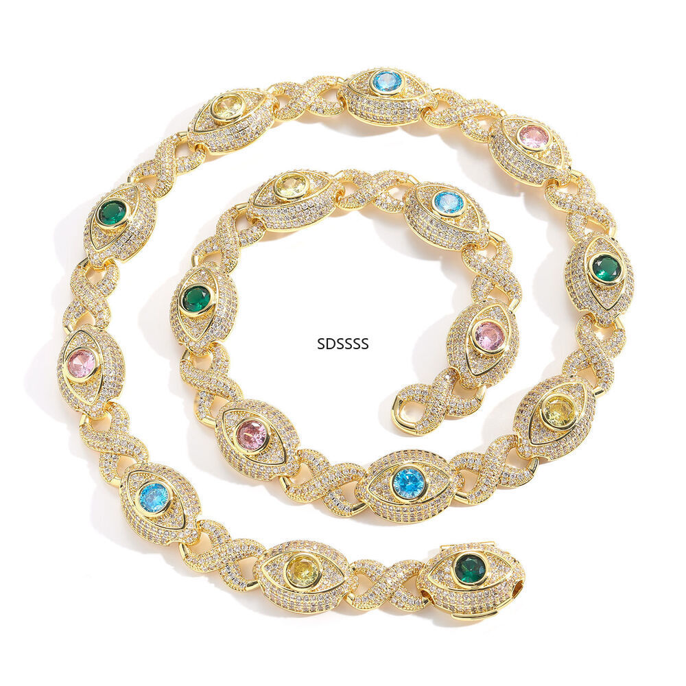 Cuban Chain Necklace Bracelets Zircon Mens Jewelry Hip Hop Colorful Eye
