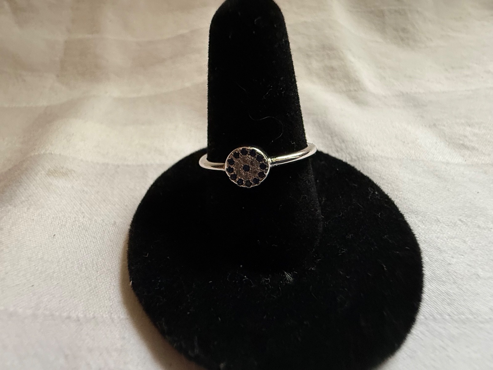 925 Sterling Silver Black & White CZ Pave Disc Adjustable Ring Modern Minimalist