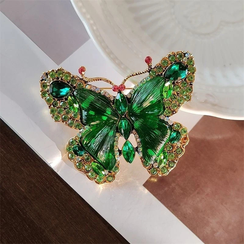 Heavy Crystal Green Butterfly Brooch Retro Women Coat Pin Jewelry Dress up