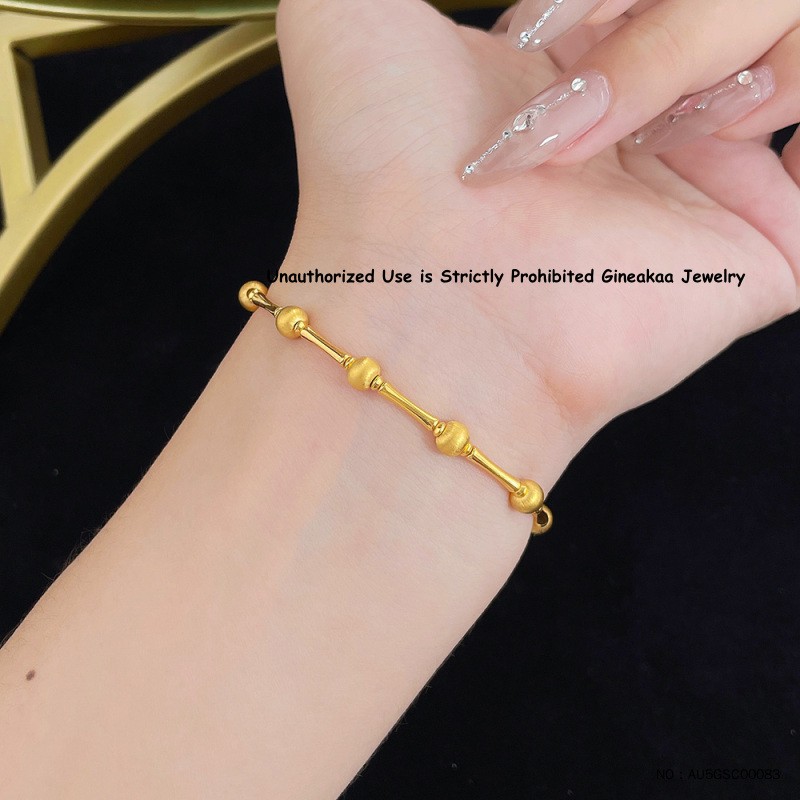 Pure 999 24K Yellow Gold 3D 4.9mm Laser Beads Bamboo Link Bracelet 5.1g 6.3inch