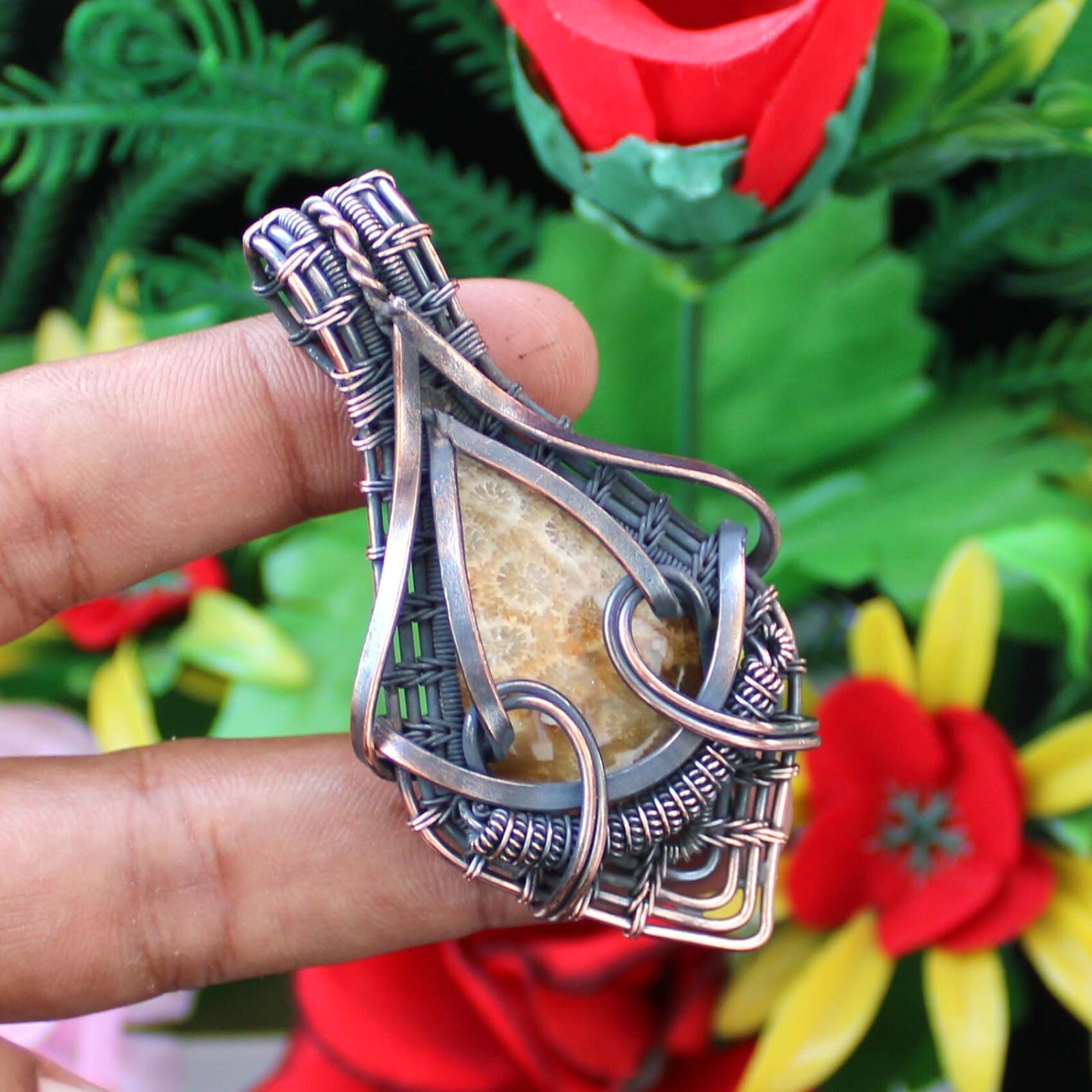 Fossil Coral Handmade Pendant Copper Wire Wrapped Pendant Copper Wire Jewelry