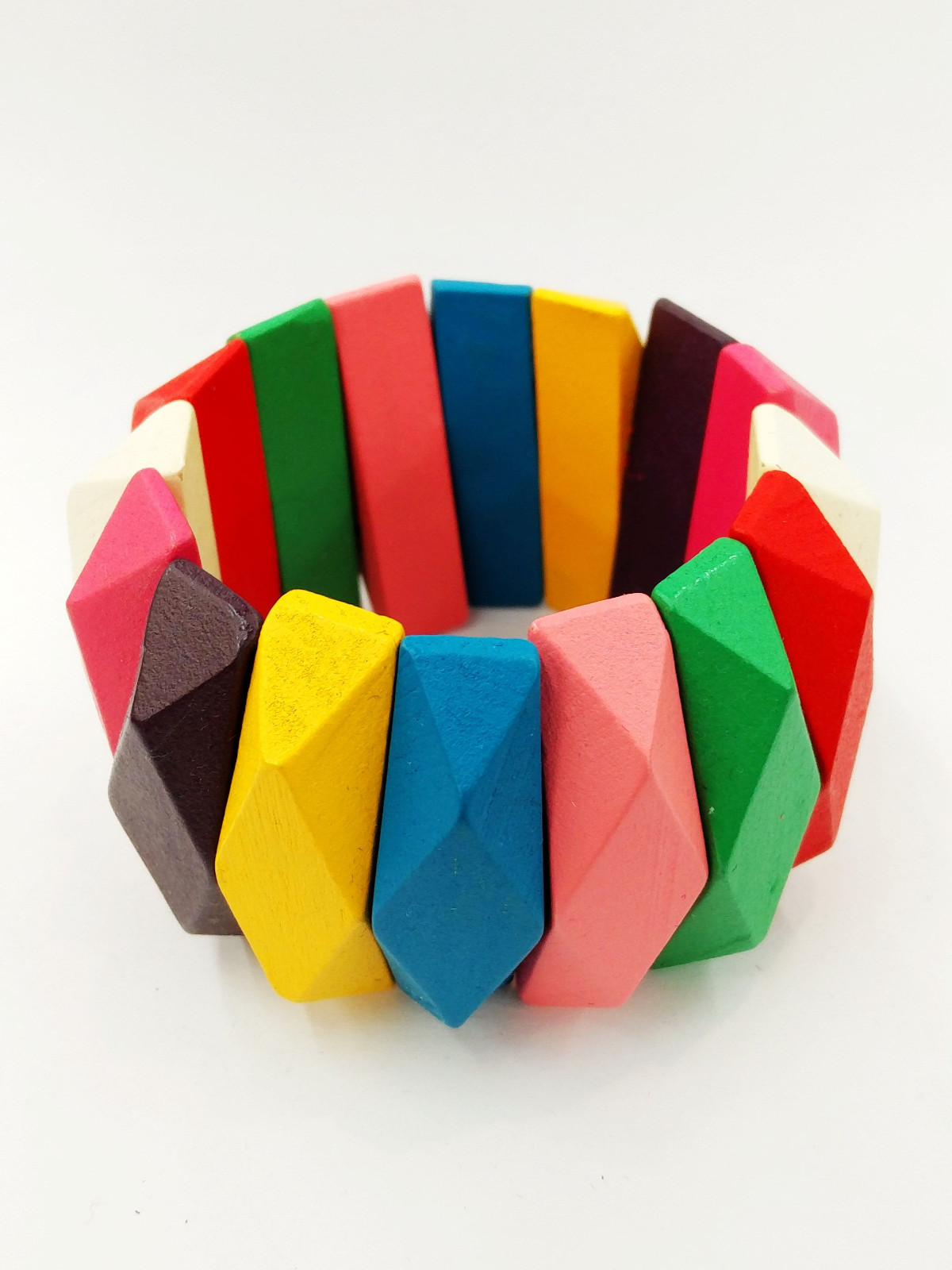 Stylish Multi-Color Lozenge Shape Stick Wooden Stretch Elastic Wide Bracelets