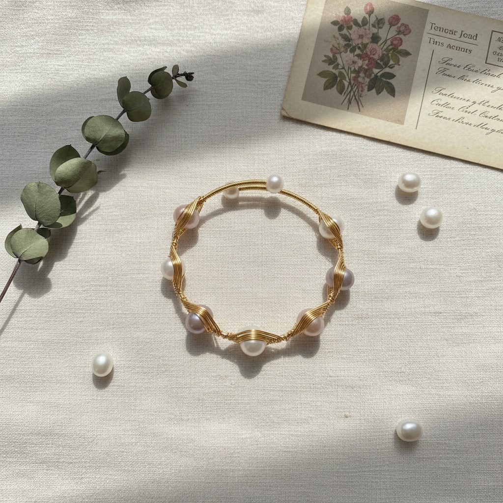 Natural Freshwater Pearl Wire Wrapped Open Cuff Bracelet Gold Plated Handmade