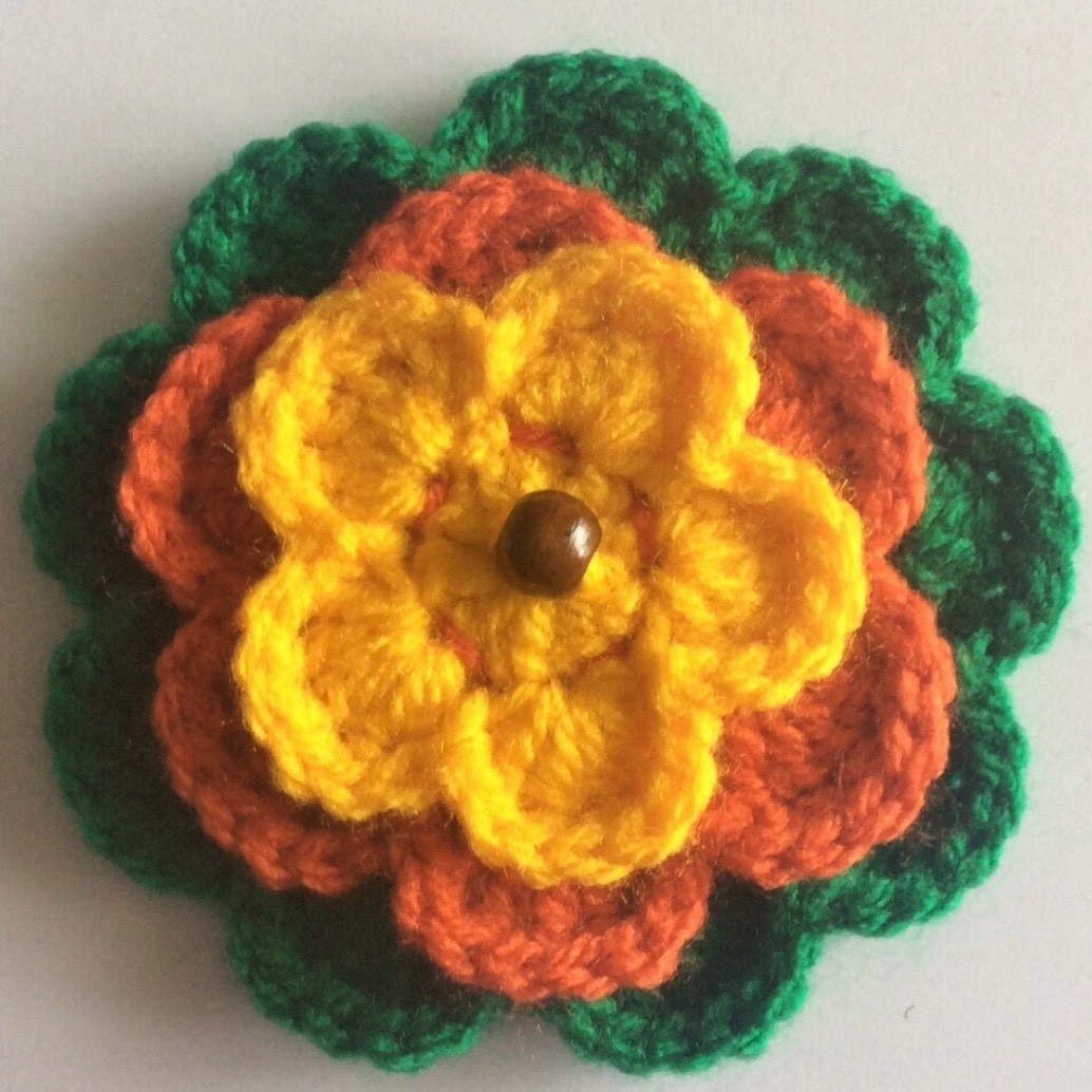 Crochet Flower Brooch Pin Retro Bead Boho Botanical Autumnal Wedding Handmade