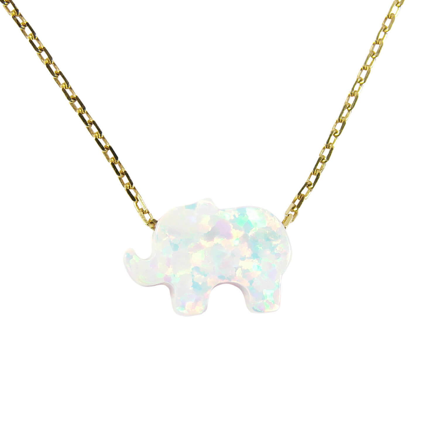 Elephant Necklace Tiny White Lab-Created Opal 925 Sterling Silver Chain