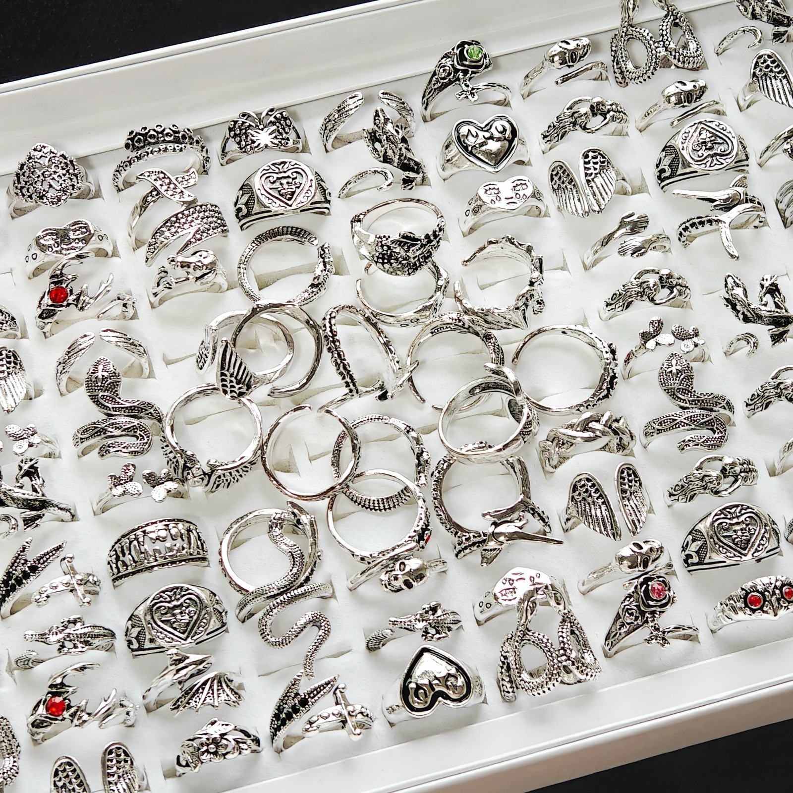 Bulk Lot 25/50pcs Gothic Y2K Rings Mix Design Silver Tone Open Animals Punk Gift