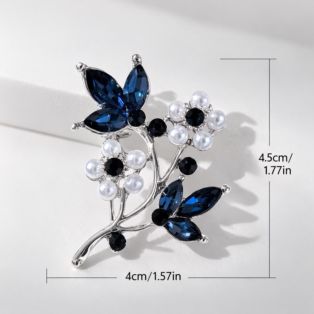 Blue Crystal & Faux Pearl Flower Brooch Silver Tone Floral Pin
