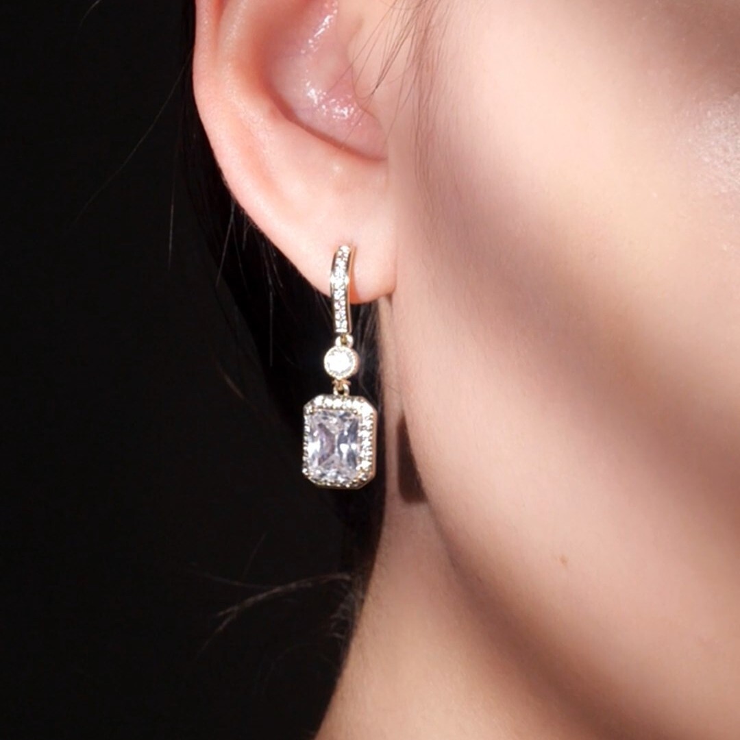 Gold simulated diamond stud elongated octagon drop dangle 925 silver earrings