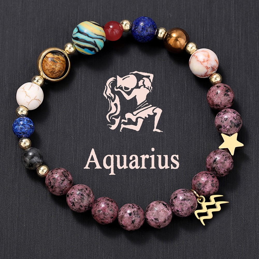 Portable Women’ Natural Stone Beaded Bracelet with 8 Planets & 12 Constellations