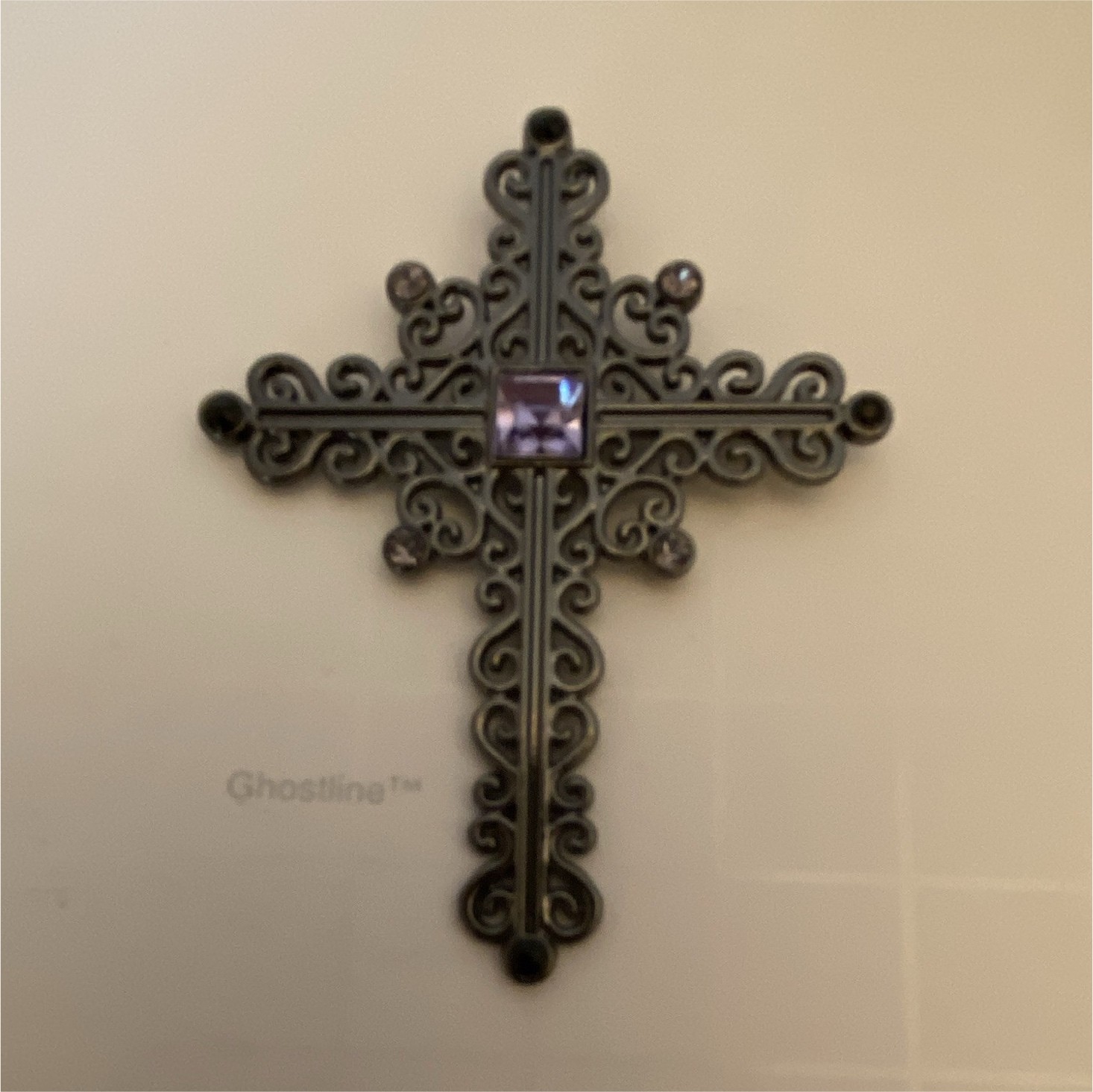 Vintages Black Filigree Cross Pendant Purple Square Crystal Accents Metal