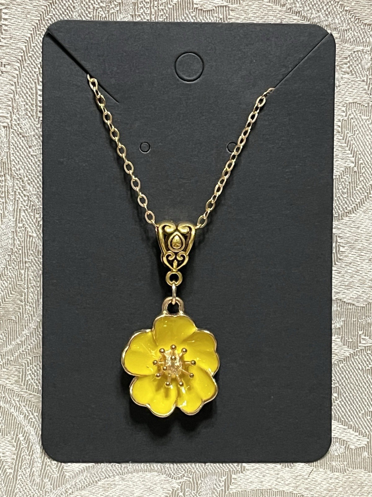 Yellow Camellia Flower Enamel Pendant Gold Necklace Bohemian Floral Novelty 18”