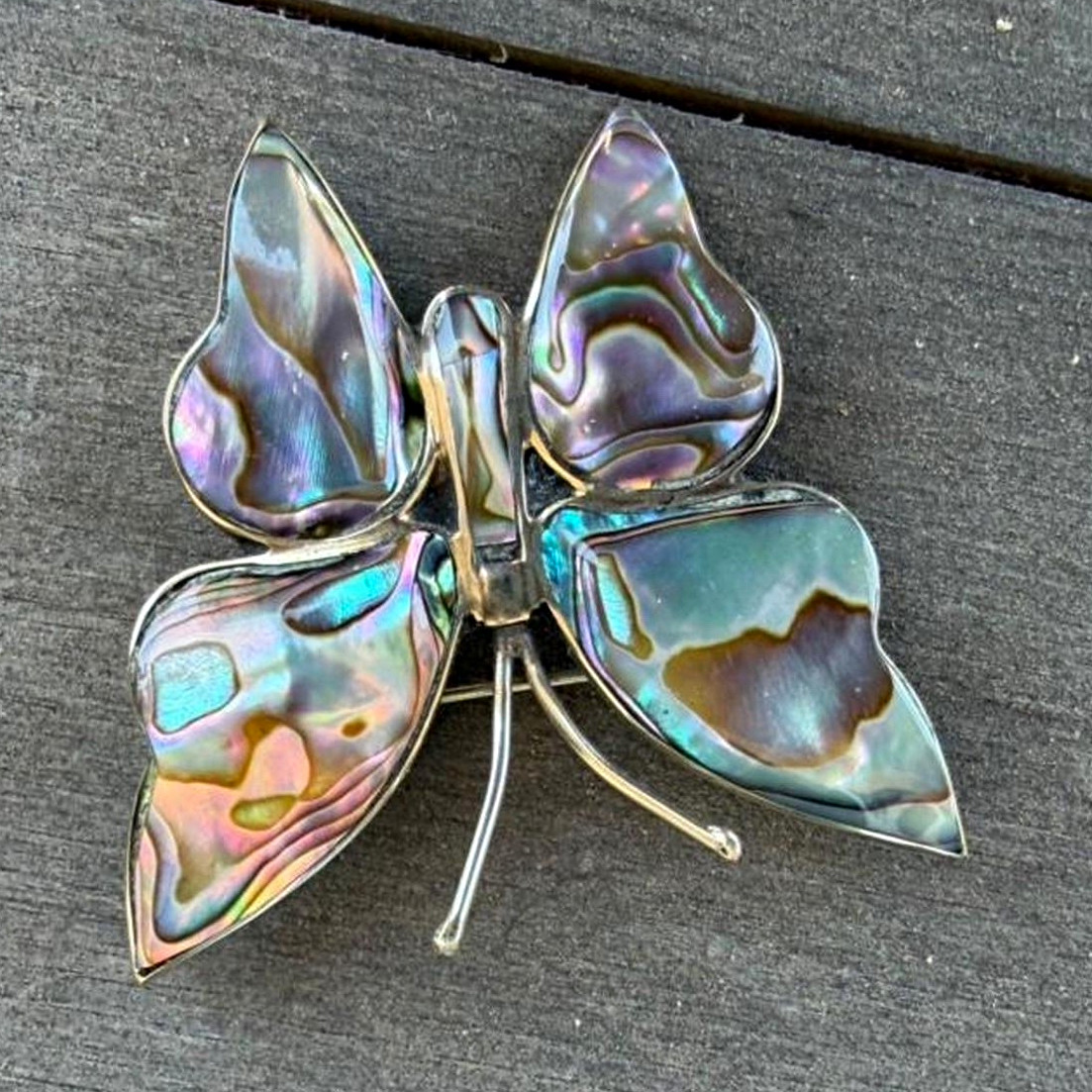 Mexico Signed Alpaca Silver Tone Butterfly Brooch Abalone/Mother of Pearl Inlay